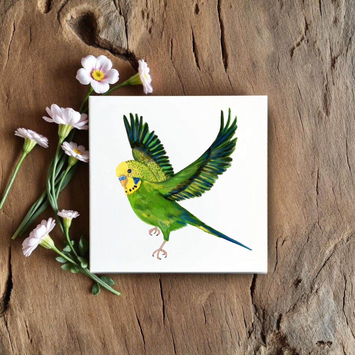 Flying Green Budgerigar Ceramic Tile – Handcrafted Bird Lover Artwork - MerikaArt