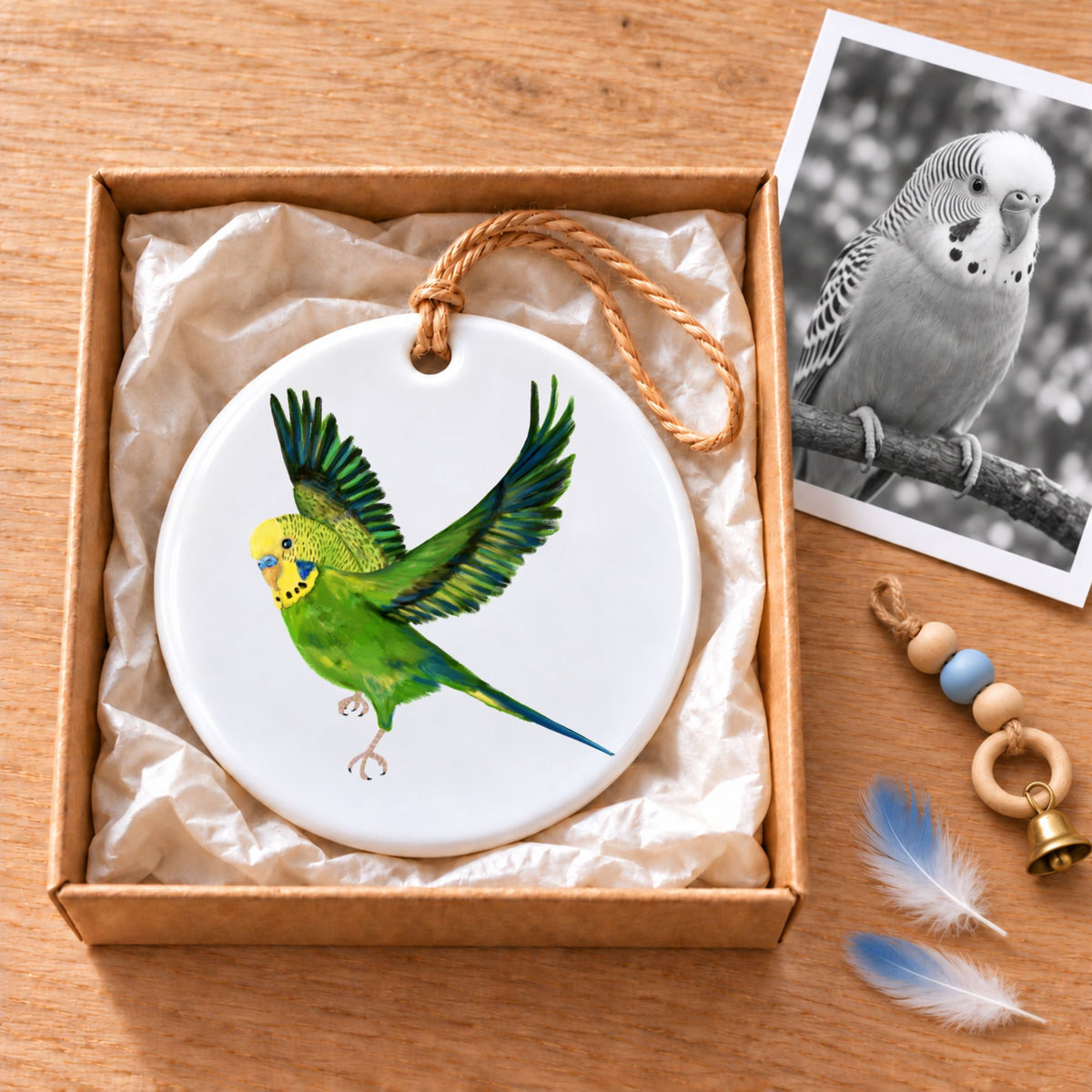 Flying Green Budgie Ceramic Ornament - MerikaArt