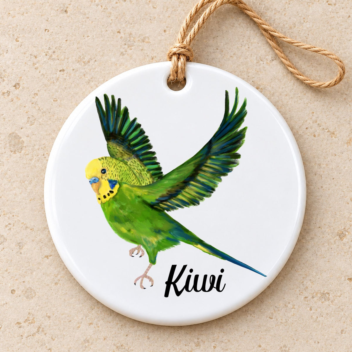 Flying Green Budgie Ceramic Ornament - MerikaArt