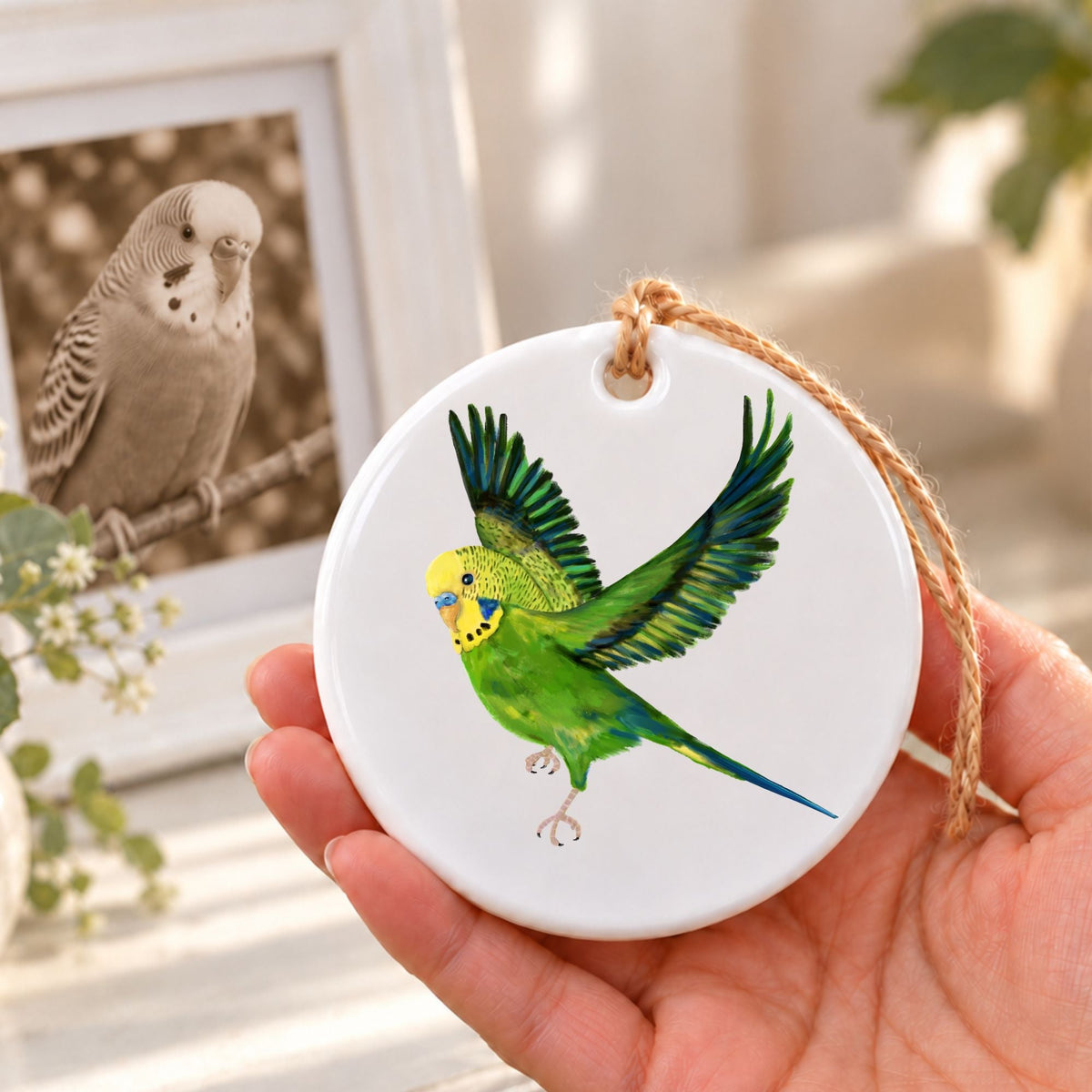 Flying Green Budgie Ceramic Ornament - MerikaArt
