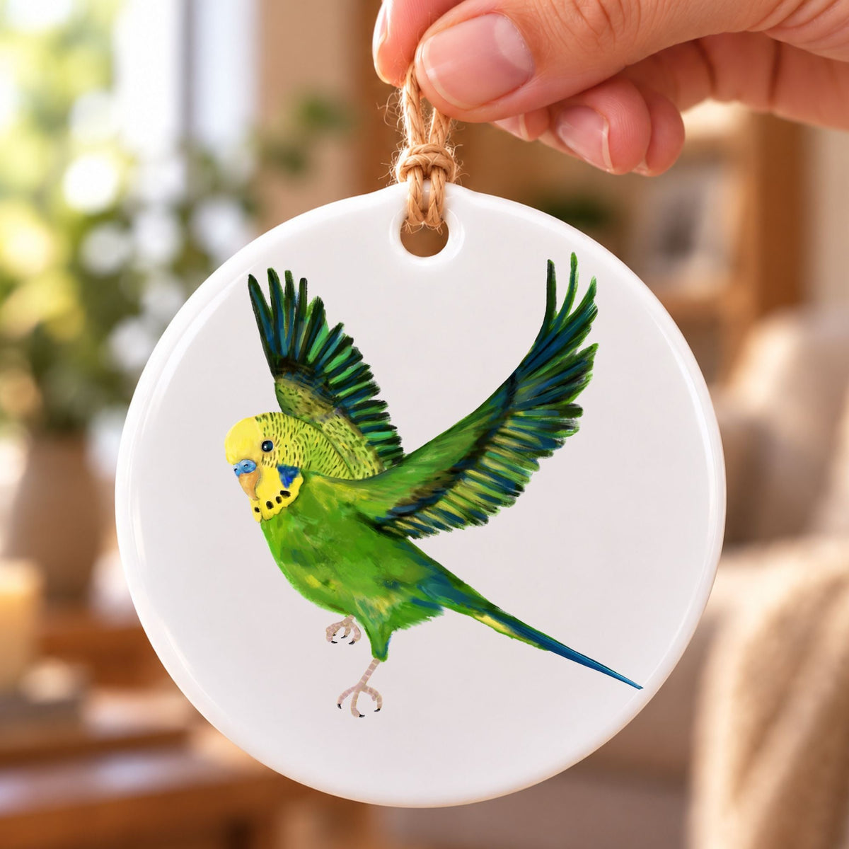 Flying Green Budgie Ceramic Ornament - MerikaArt