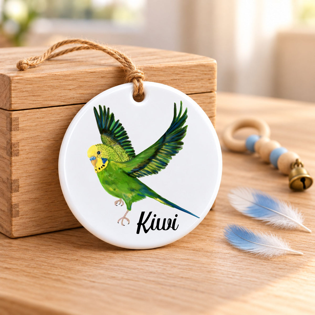 Flying Green Budgie Ceramic Ornament - MerikaArt