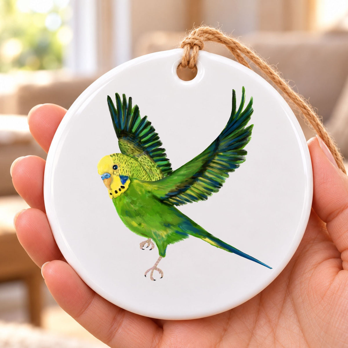 Flying Green Budgie Ceramic Ornament - MerikaArt