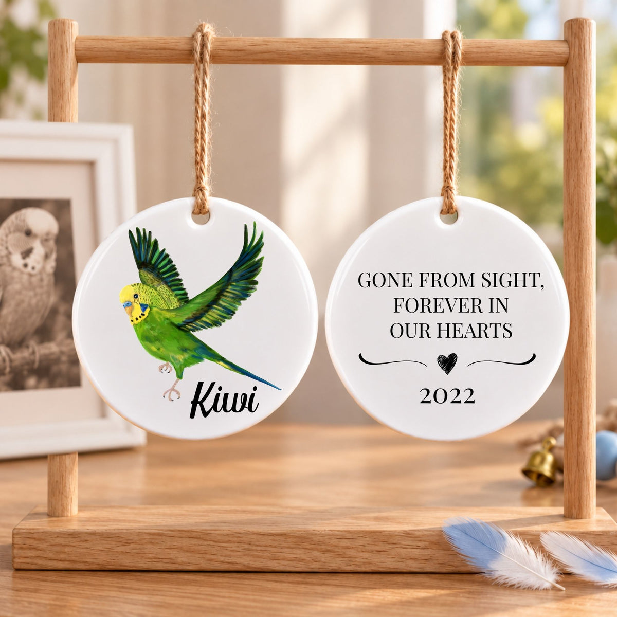 Flying Green Budgie Ceramic Ornament - MerikaArt