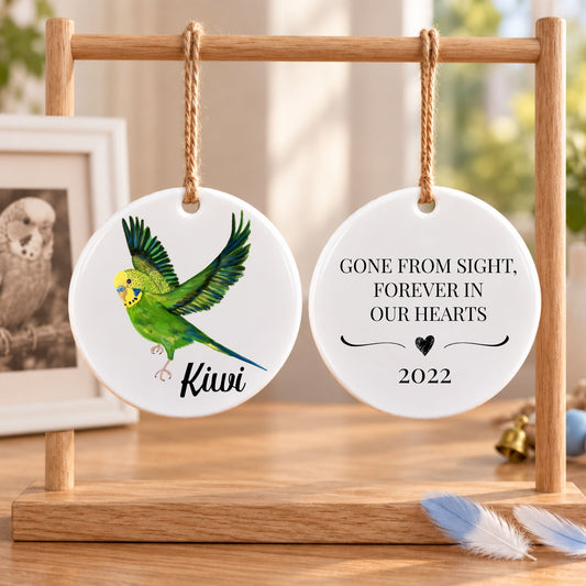 Flying Green Budgie Ceramic Ornament - MerikaArt