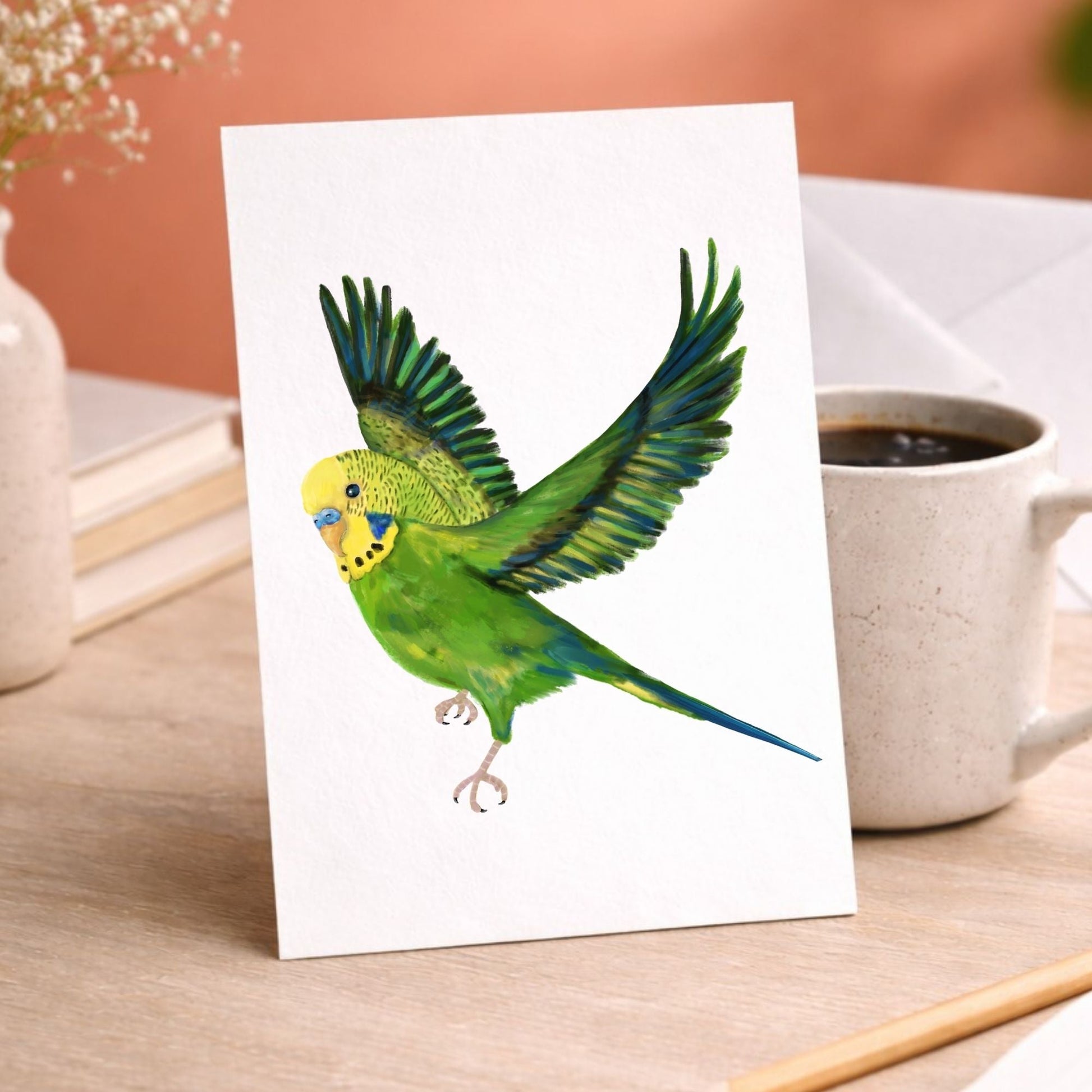 Flying Green Budgie Postcard - MerikaArt