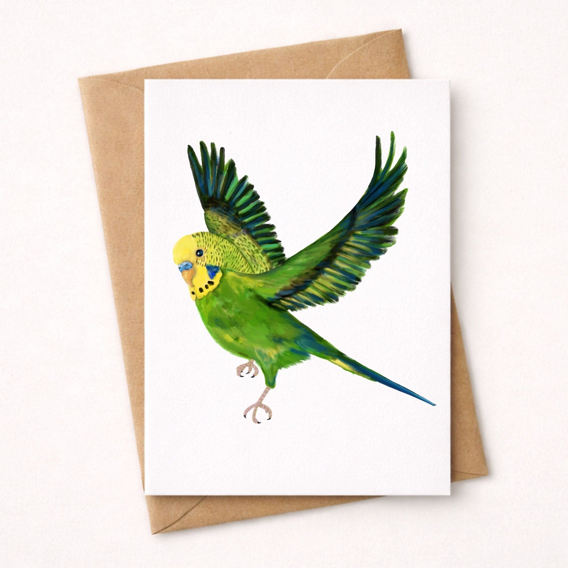 Flying Green Budgie Postcard - MerikaArt