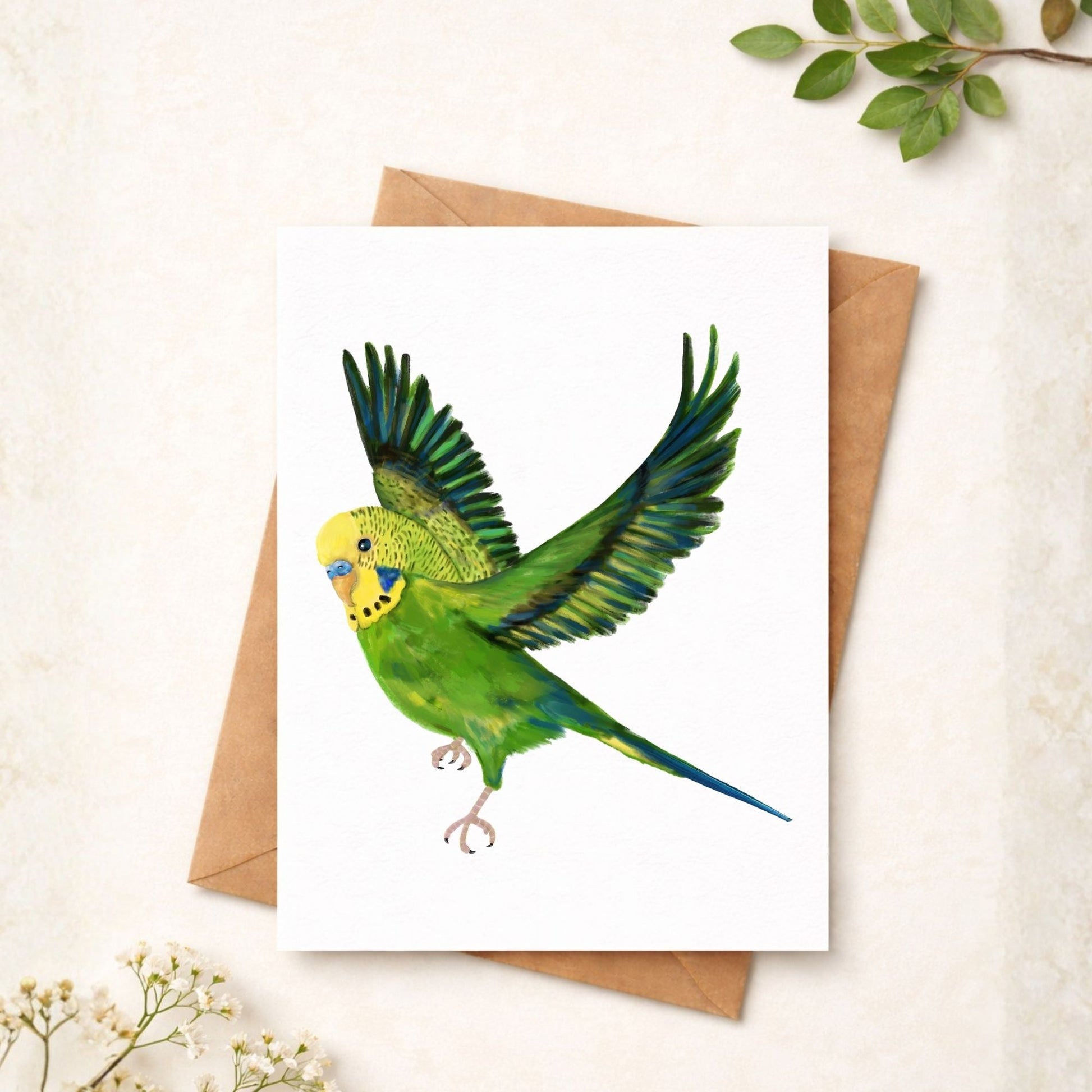 Flying Green Budgie Postcard - MerikaArt