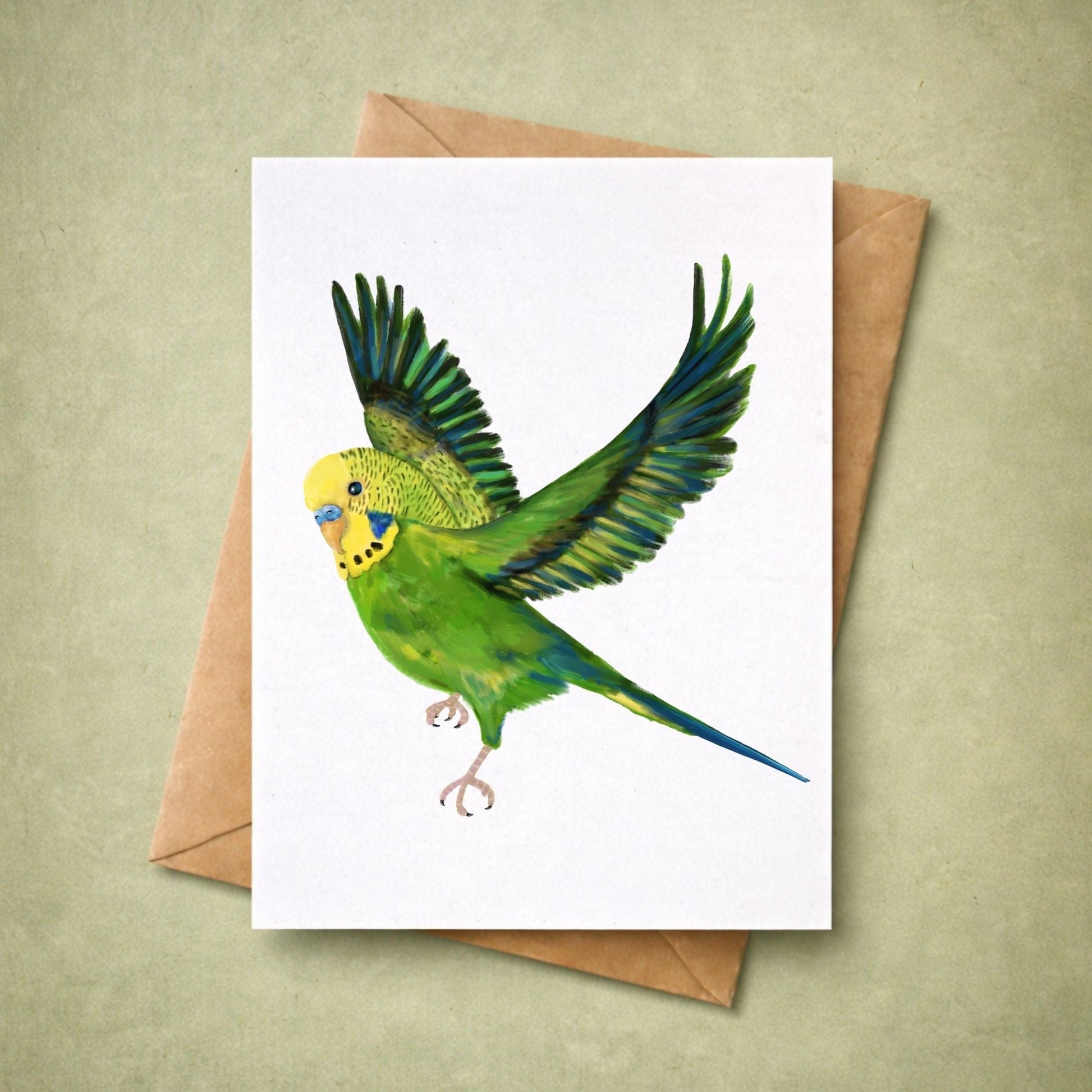 Flying Green Budgie Postcard - MerikaArt