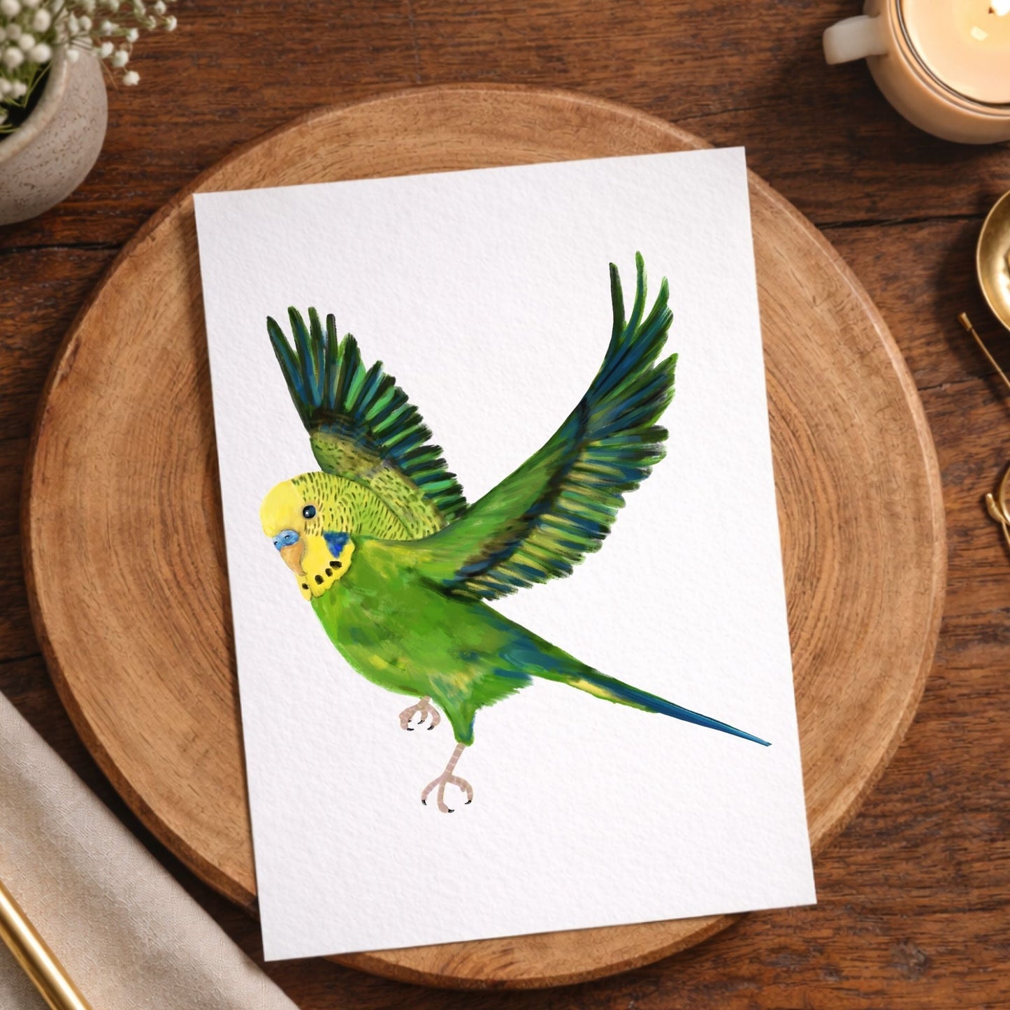 Flying Green Budgie Postcard - MerikaArt