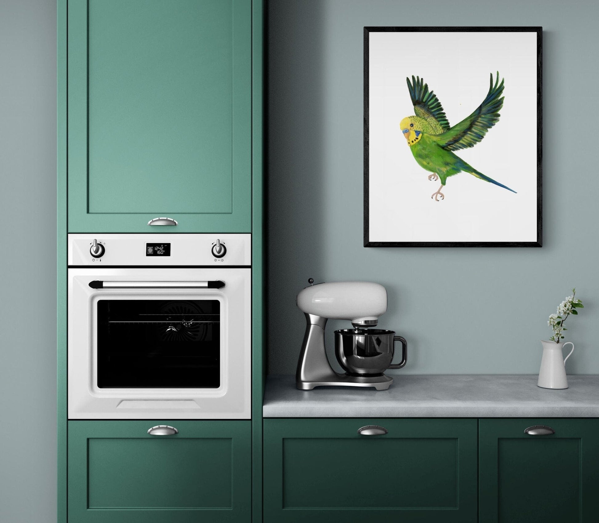 Flying Green Parakeet, Green Budgie Flying, Green Bird Memorial, Tropical Bird Art, Bird Lover Gift, Bird Wall Artwork - MerikaArt