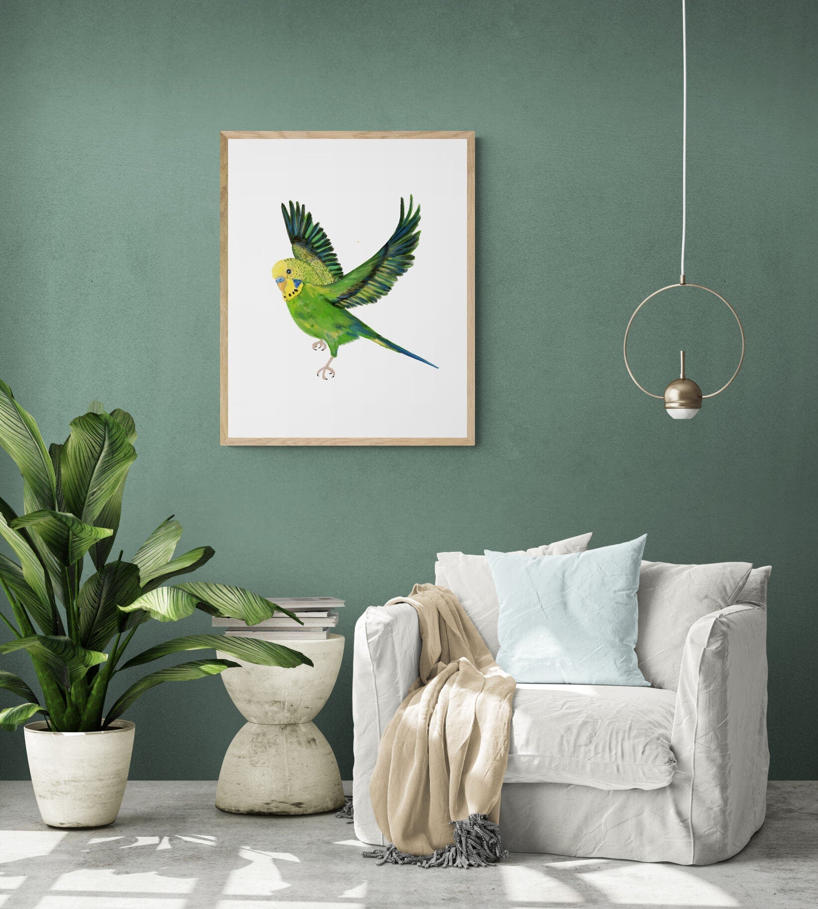 Flying Green Parakeet, Green Budgie Flying, Green Bird Memorial, Tropical Bird Art, Bird Lover Gift, Bird Wall Artwork - MerikaArt