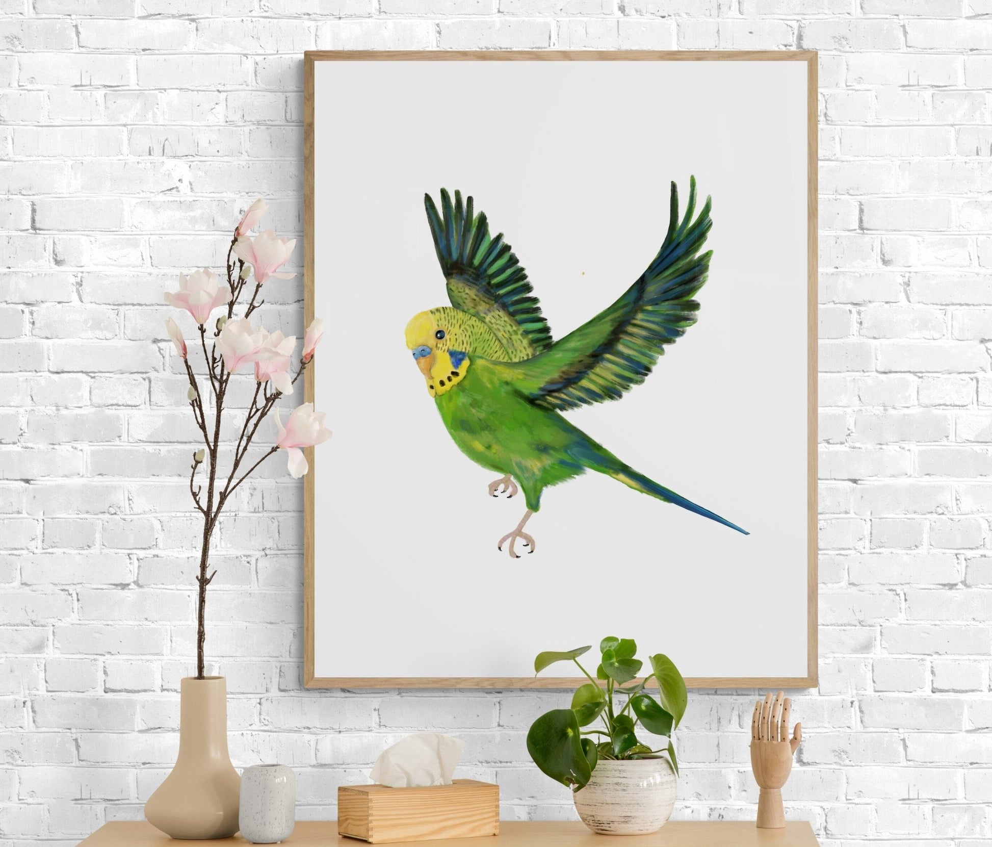 Flying Green Parakeet, Green Budgie Flying, Green Bird Memorial, Tropical Bird Art, Bird Lover Gift, Bird Wall Artwork - MerikaArt