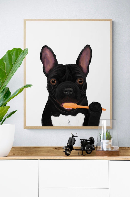 French Bulldog Brushing Teeth Print - MerikaArt