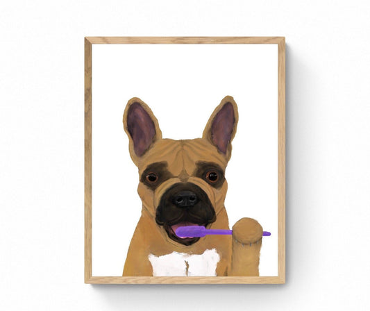 French Bulldog Brushing Teeth Print, Brown Frenchie with Toothbrush, Bathroom Wall Art, Dog Painting, Dog In Bath Illustration, Dog Lover - MerikaArt