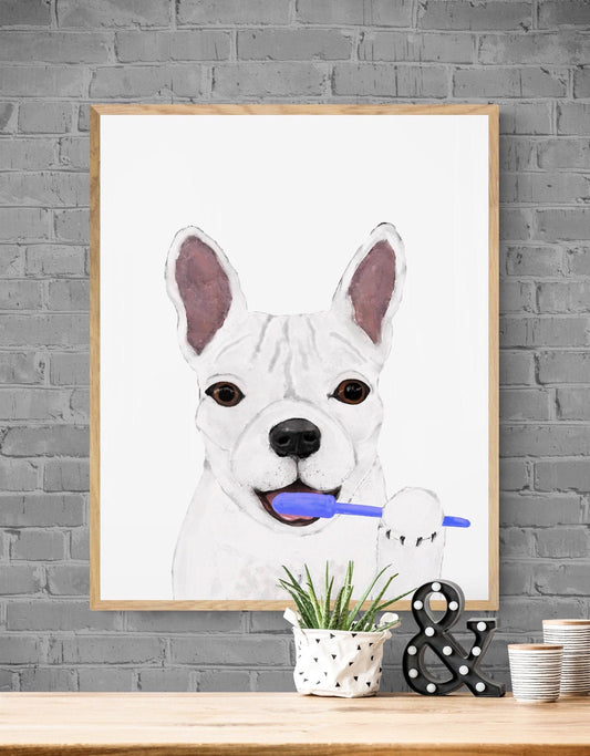 French Bulldog Brushing Teeth Print, White Frenchie with Toothbrush, Bathroom Wall Art, Dog Painting, Dog In Bath Illustration, Dog Lover - MerikaArt