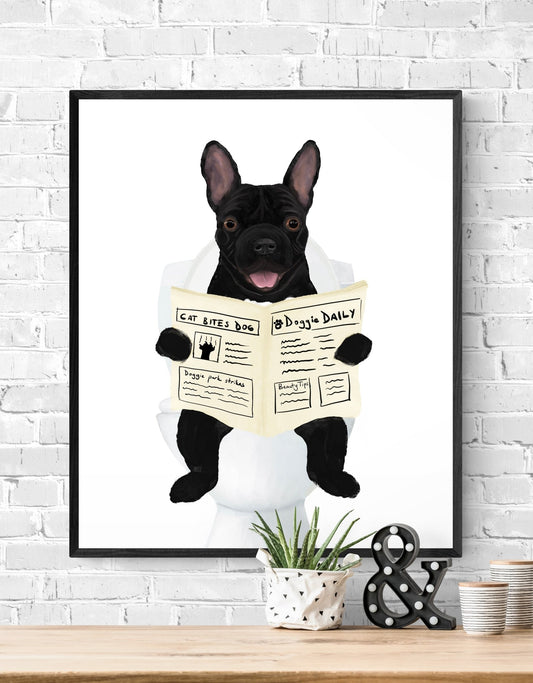 French Bulldog Reading Newspaper on Toilet – Fun Dog Art Print - MerikaArt