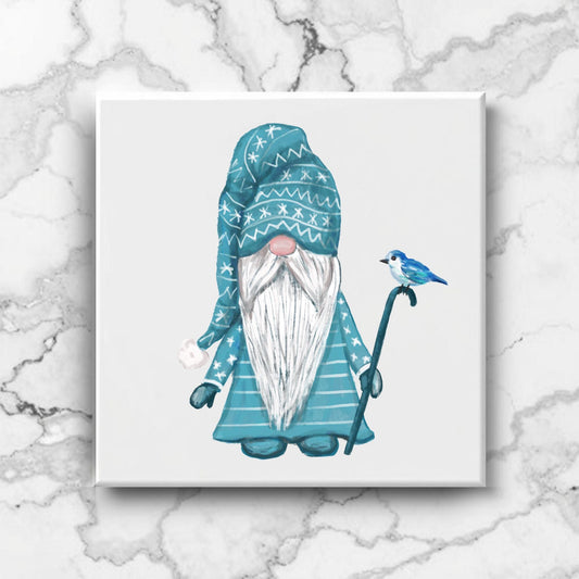 Frosted Gnome with Bluebird Ceramic Tile - MerikaArt