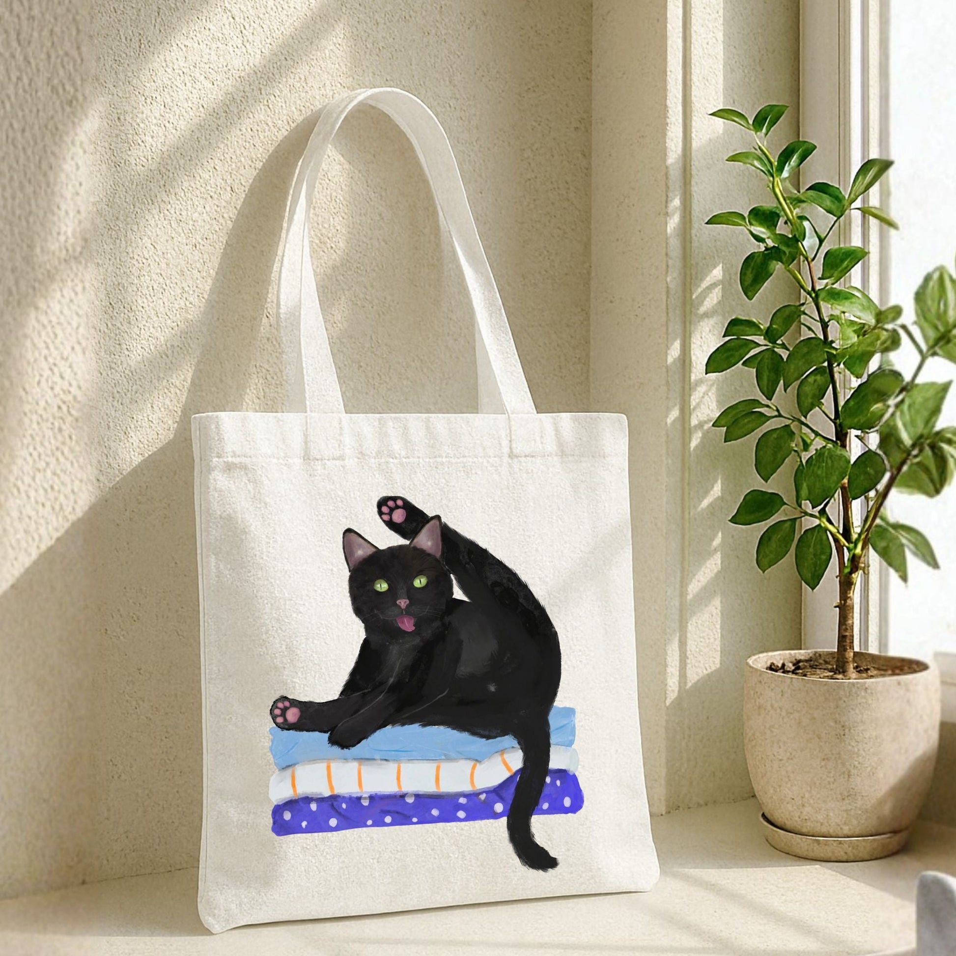 Funny Black Cat Canvas Tote Bag - MerikaArt