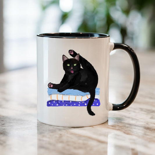 Funny Black Cat on Blankets Ceramic Coffee Mug - MerikaArt