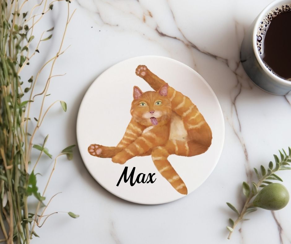 Funny Orange Tabby Cat Ceramic Coaster - MerikaArt