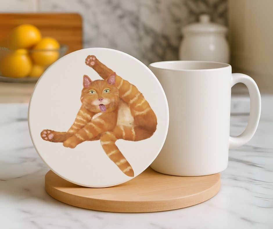 Funny Orange Tabby Cat Ceramic Coaster - MerikaArt
