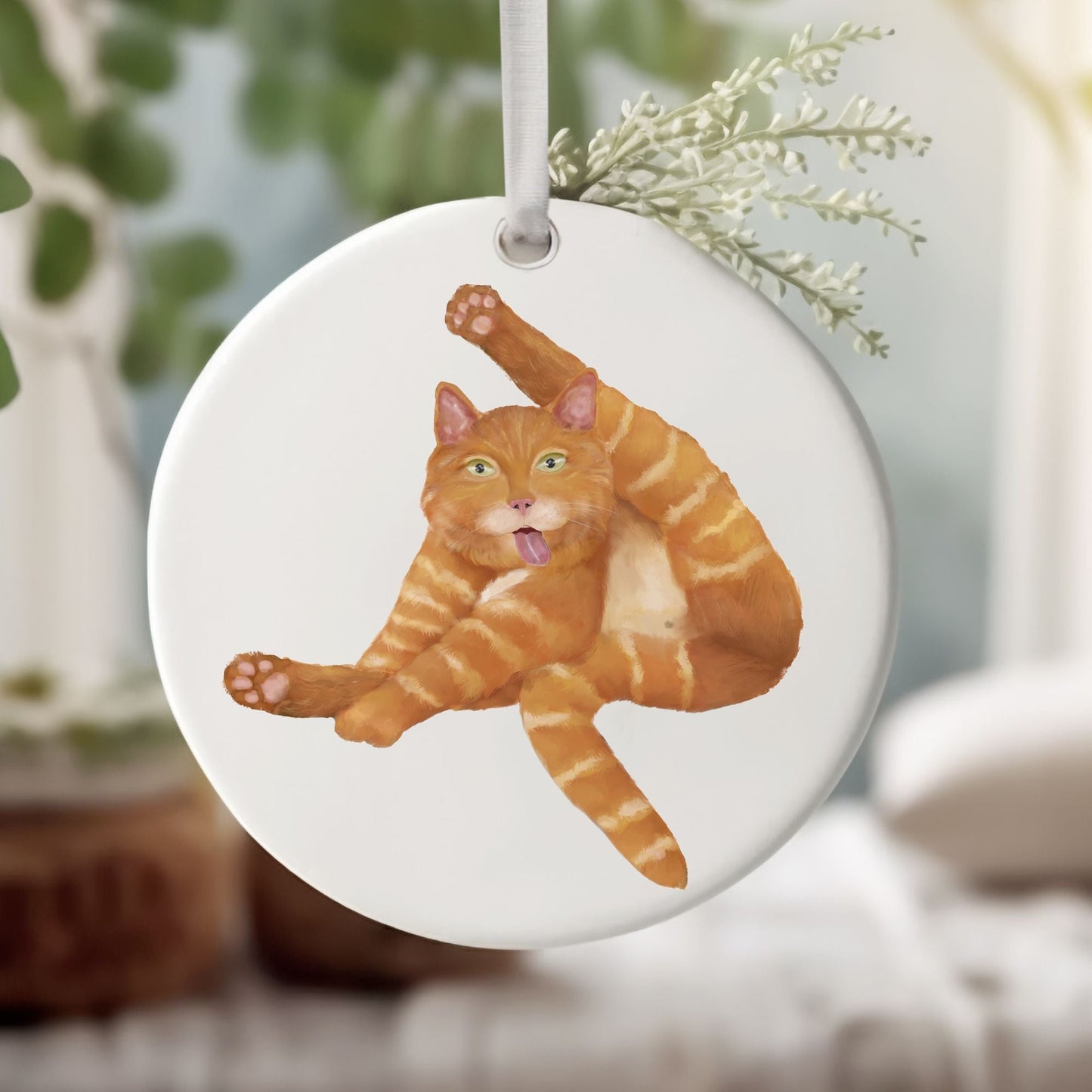 Funny Orange Tabby Cat Ceramic Ornament - MerikaArt