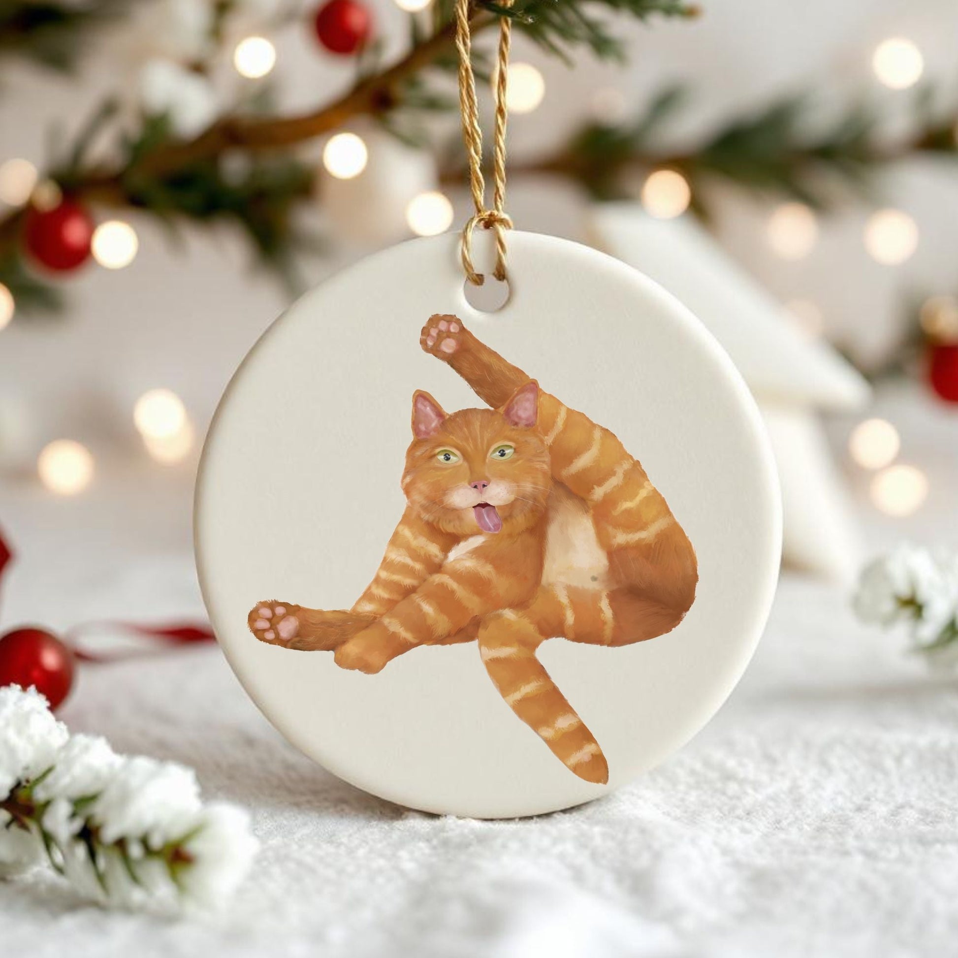 Funny Orange Tabby Cat Ceramic Ornament - MerikaArt