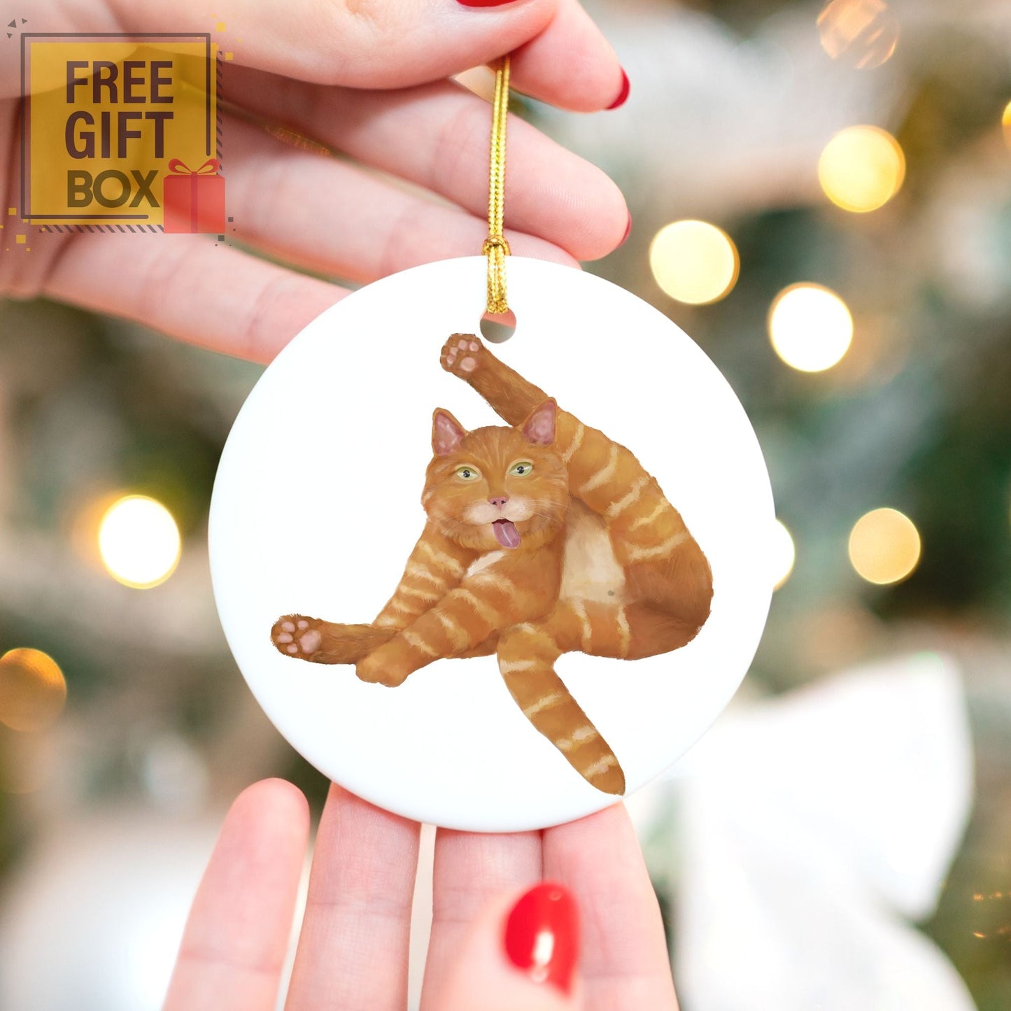 Funny Orange Tabby Cat Ceramic Ornament - MerikaArt