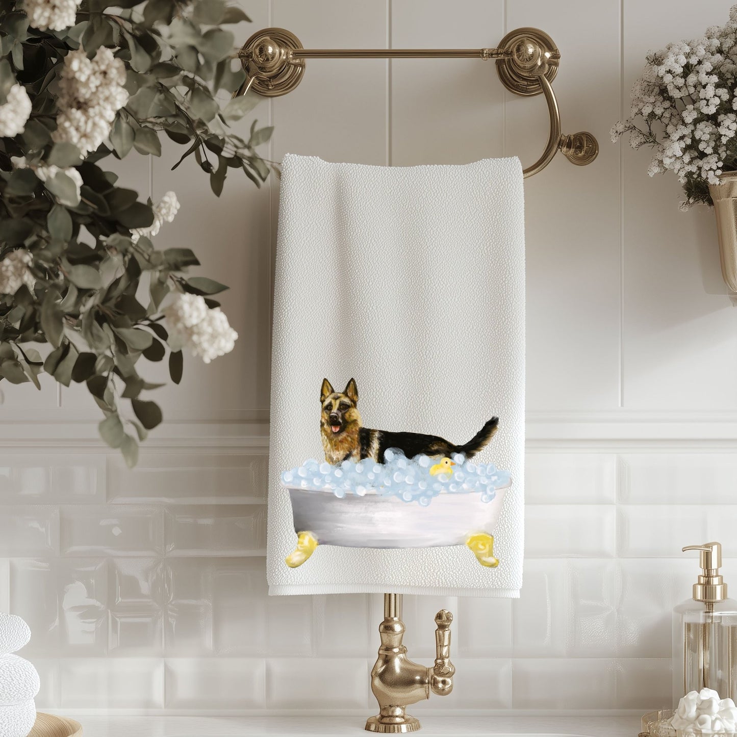 German Shepherd Bath Time Bathroom Towel - MerikaArt