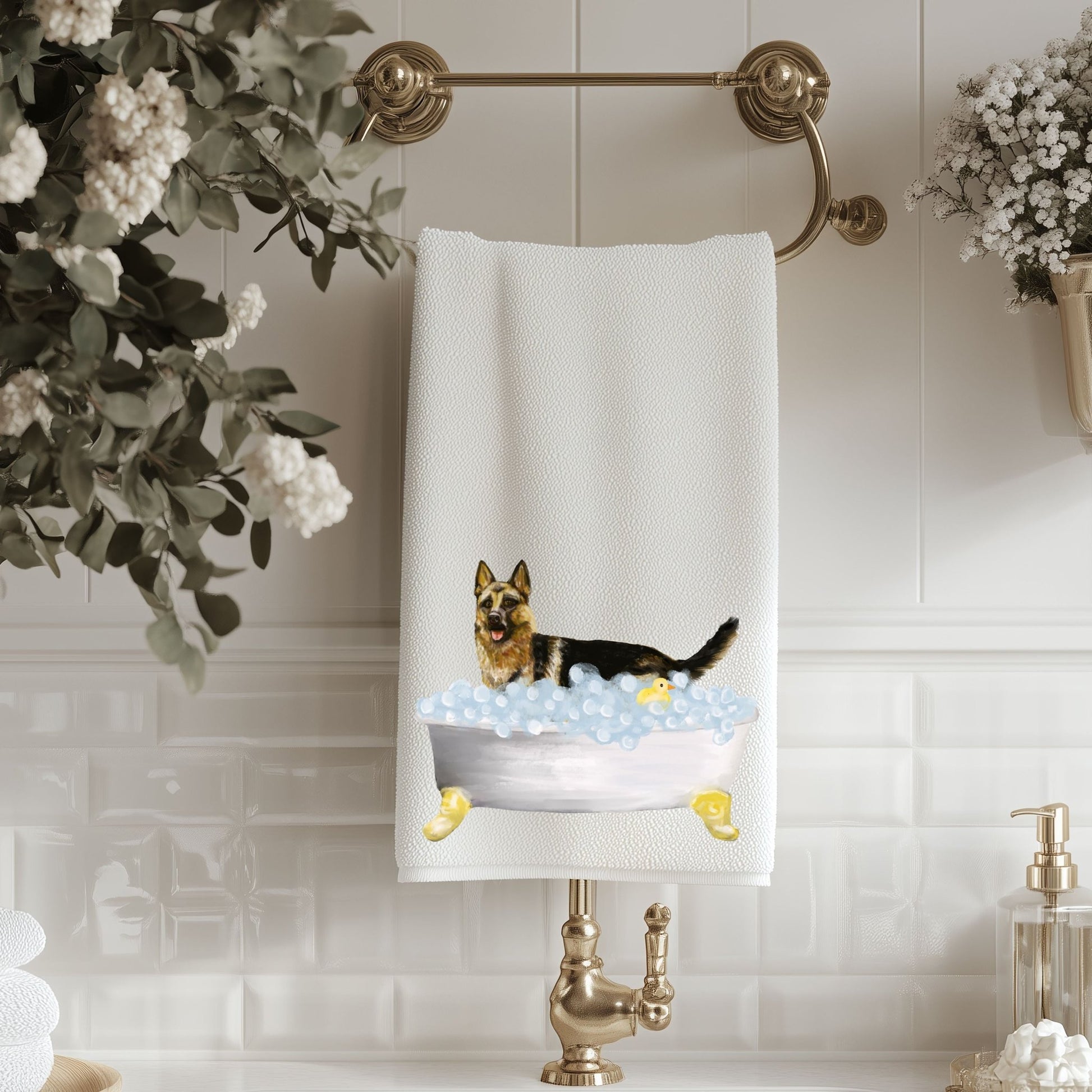 German Shepherd Bath Time Bathroom Towel - MerikaArt