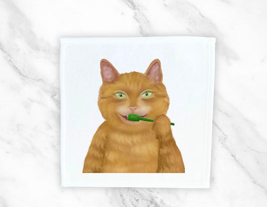 Ginger Cat Brushing Teeth Washcloth - MerikaArt