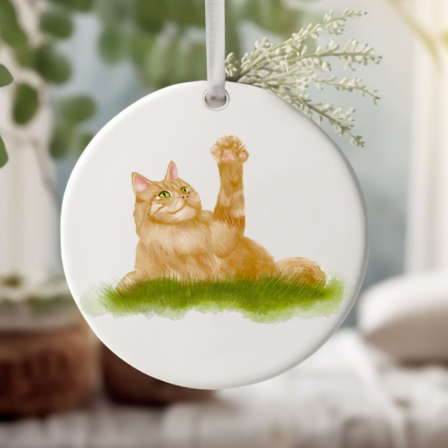 Ginger Cat Ceramic Ornament - MerikaArt