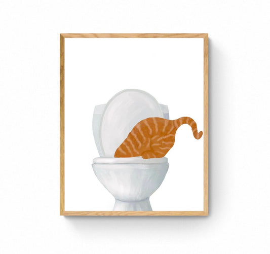 Ginger Cat Drinking Water From Toilet Print, Fat Orange Cat Art, Bathroom Decor, Bathroom Cat Painting, Kitty Licking Water From Toilet Art - MerikaArt