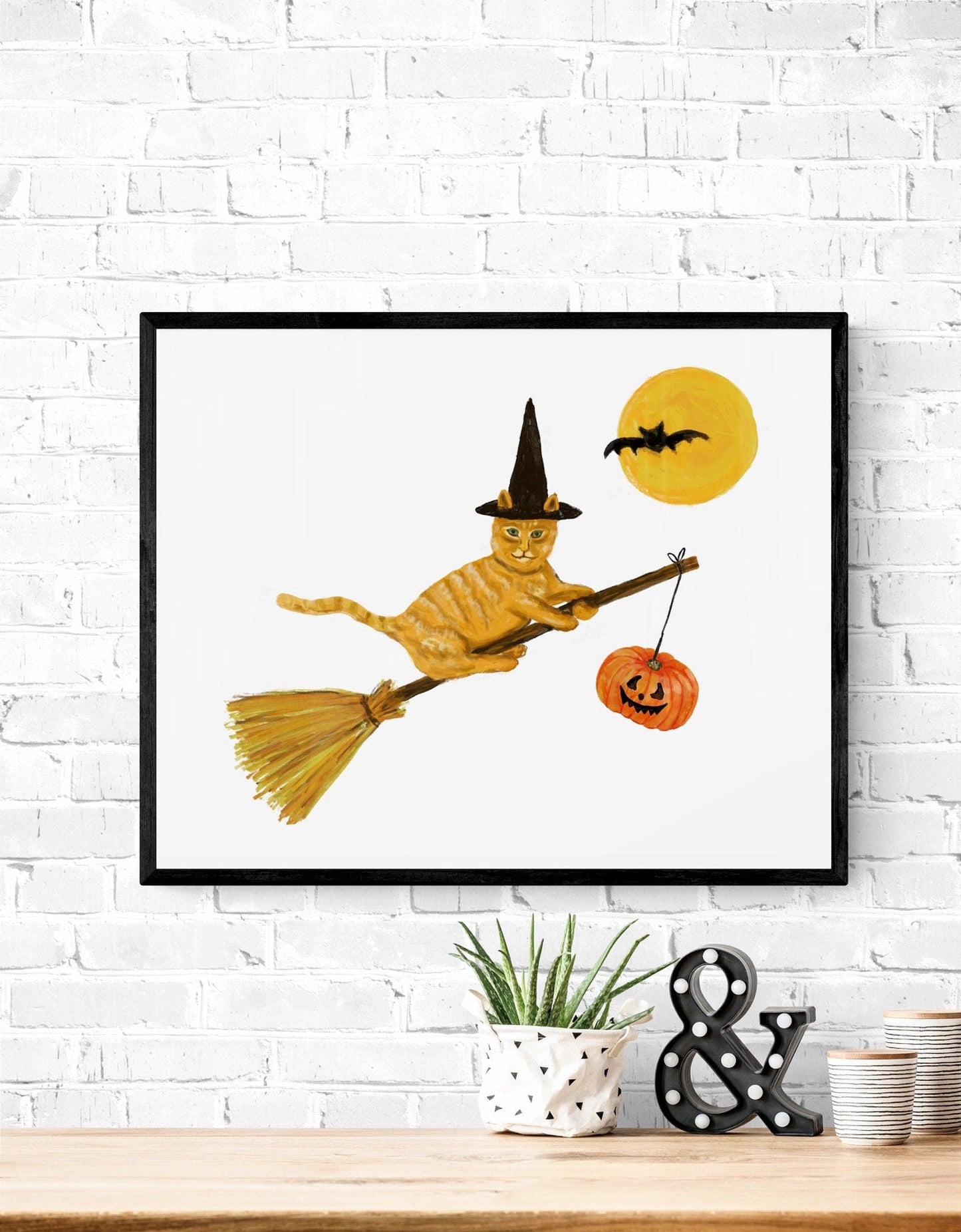 Ginger Cat Flying with a Broom Print, Halloween Cat Painting, Orange Tabby Cat Portrait, Holiday Wall Art, Orange Cat Flying with Bats - MerikaArt