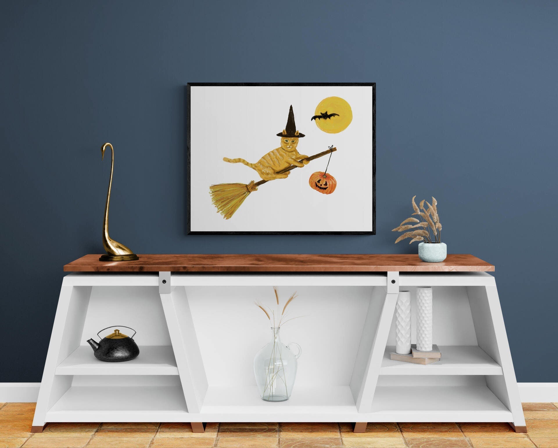 Ginger Cat Flying with a Broom Print, Halloween Cat Painting, Orange Tabby Cat Portrait, Holiday Wall Art, Orange Cat Flying with Bats - MerikaArt