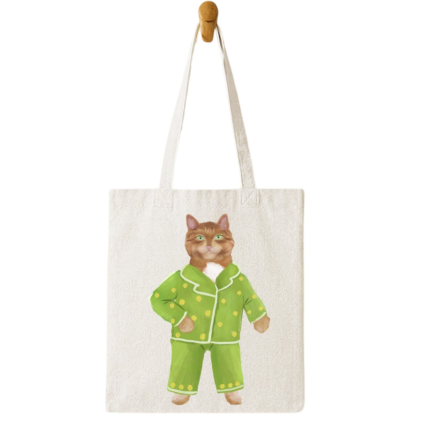 Ginger Cat in Green Pajamas Canvas Tote Bag - MerikaArt