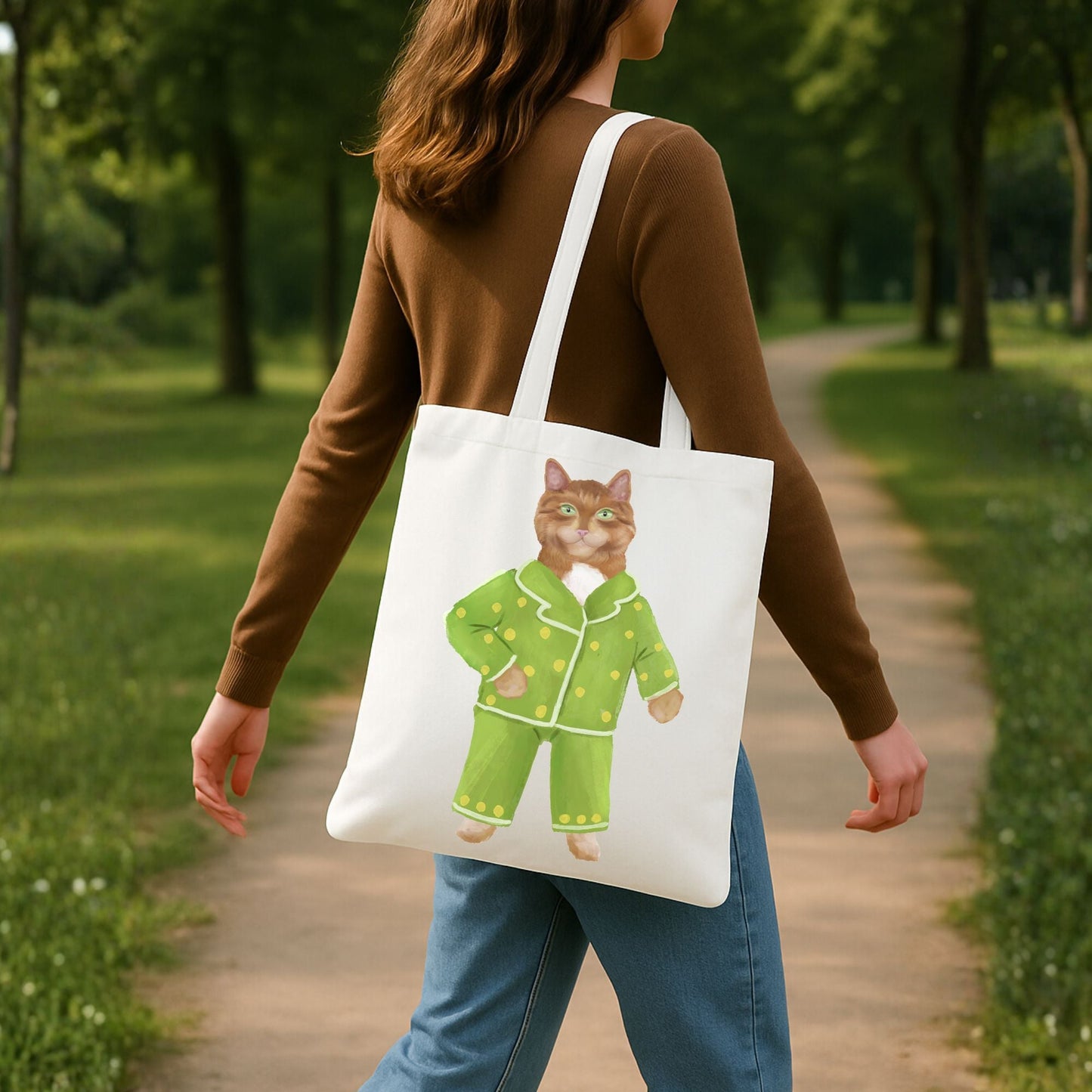 Ginger Cat in Green Pajamas Canvas Tote Bag - MerikaArt