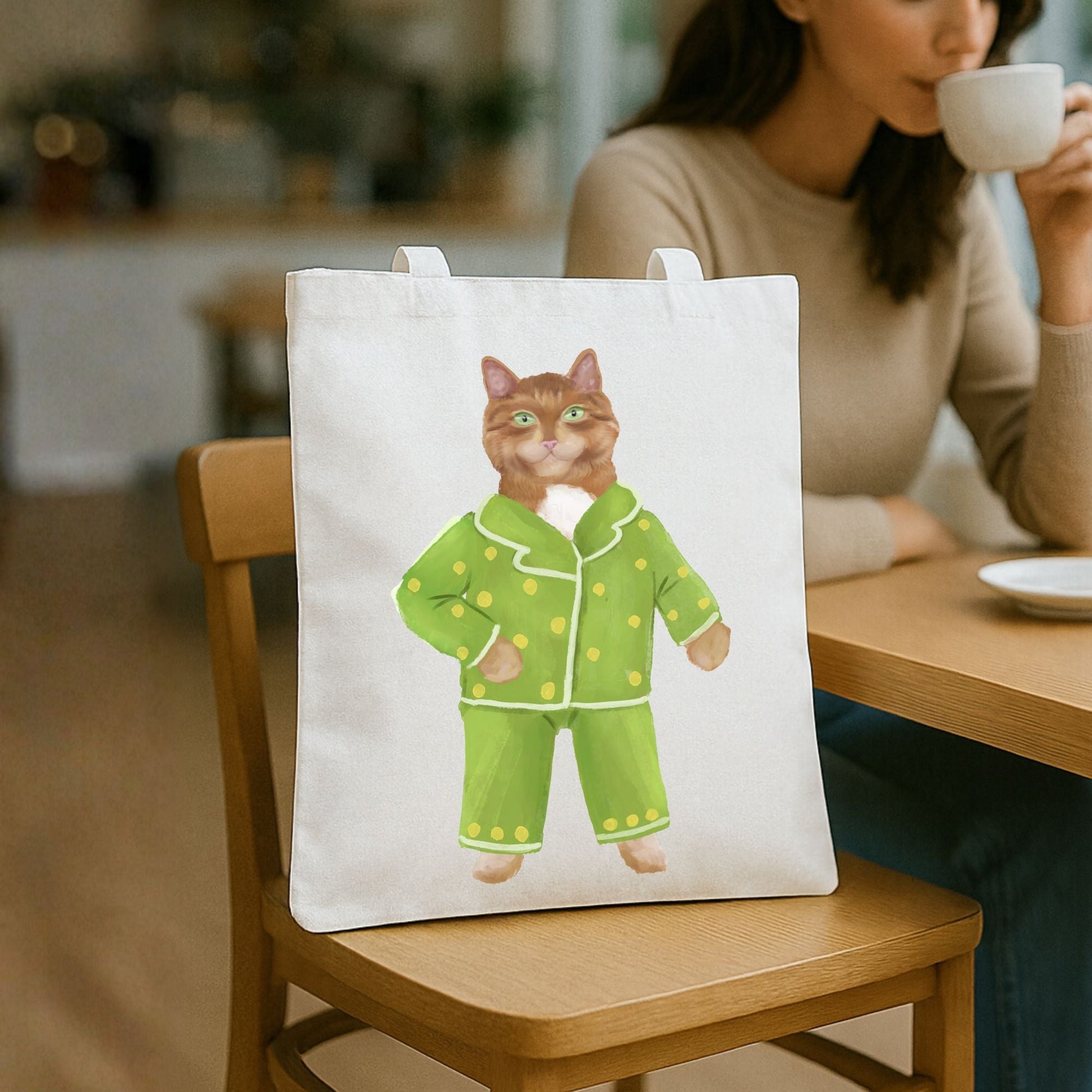 Ginger Cat in Green Pajamas Canvas Tote Bag - MerikaArt