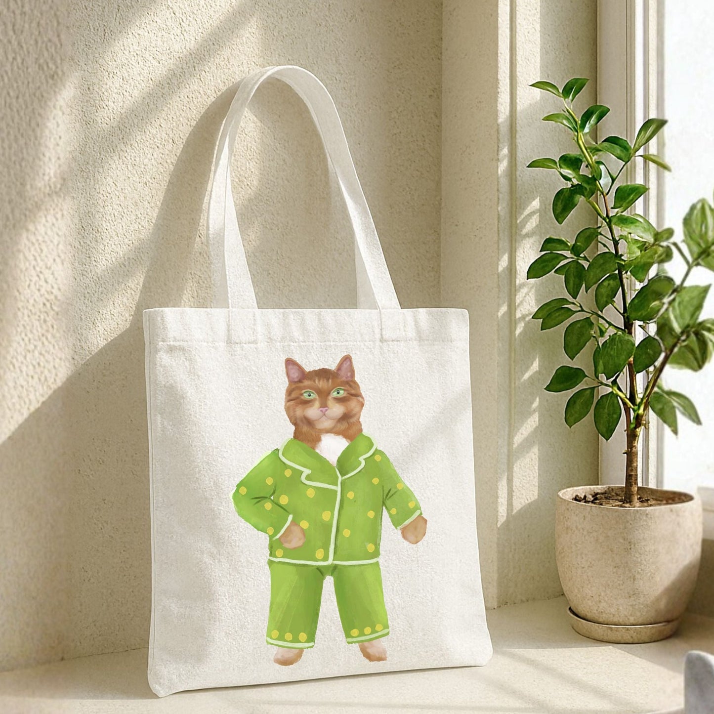 Ginger Cat in Green Pajamas Canvas Tote Bag - MerikaArt