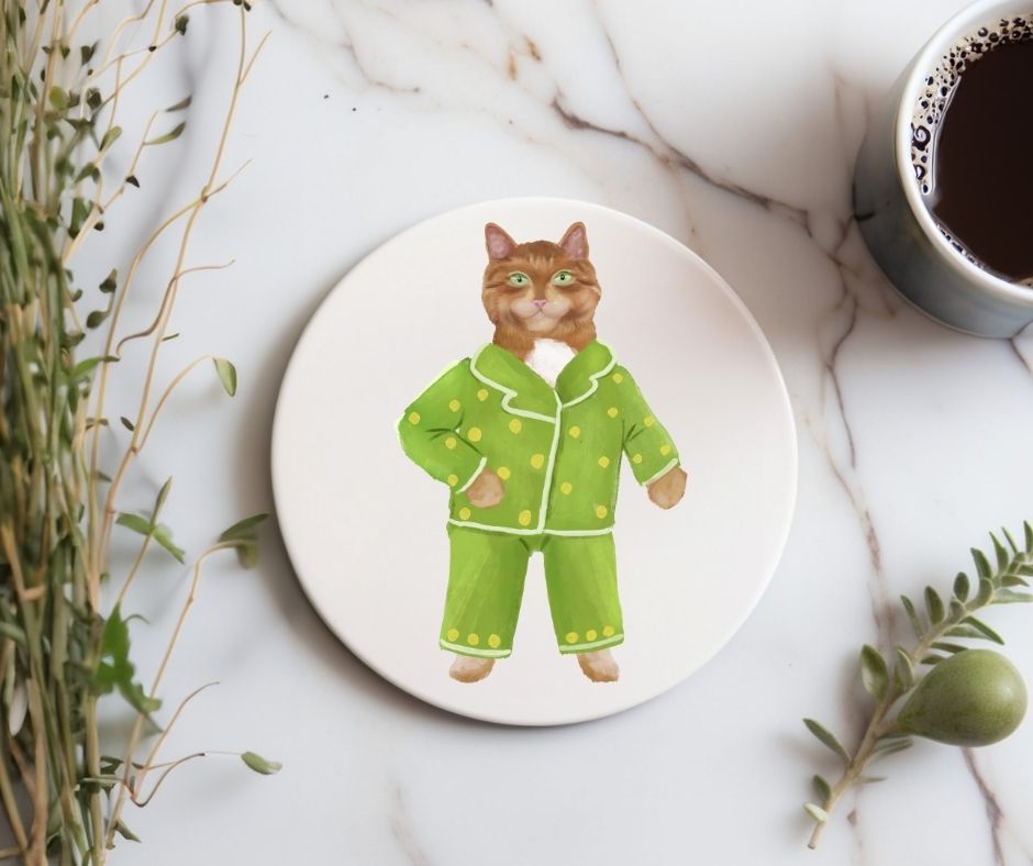 Ginger Cat in Green Pajamas Ceramic Coaster - MerikaArt