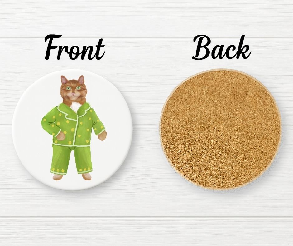 Ginger Cat in Green Pajamas Ceramic Coaster - MerikaArt