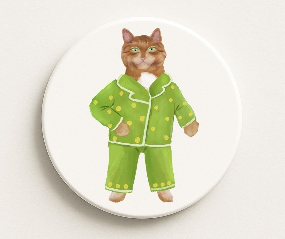 Ginger Cat in Green Pajamas Ceramic Coaster - MerikaArt