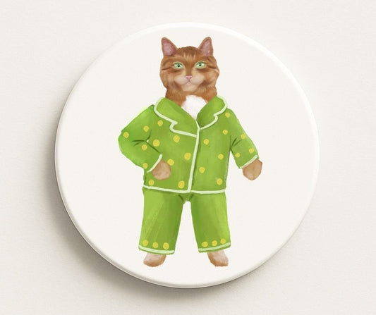 Ginger Cat in Green Pajamas Ceramic Coaster - MerikaArt