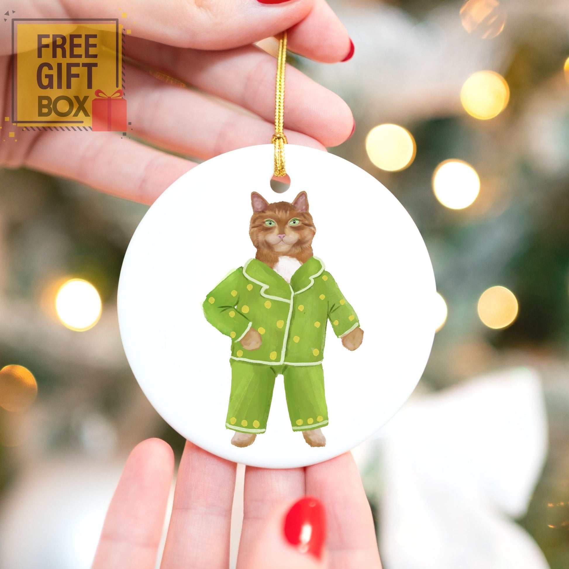 Ginger Cat in Green Pajamas Ceramic Ornament - MerikaArt