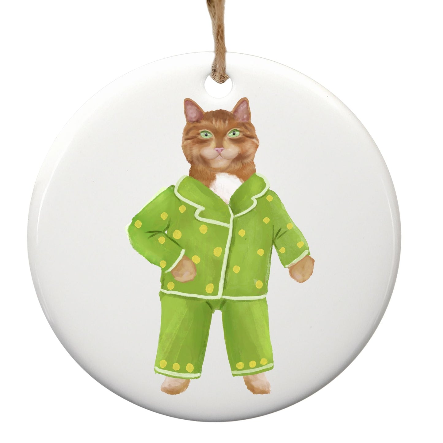 Ginger Cat in Green Pajamas Ceramic Ornament - MerikaArt