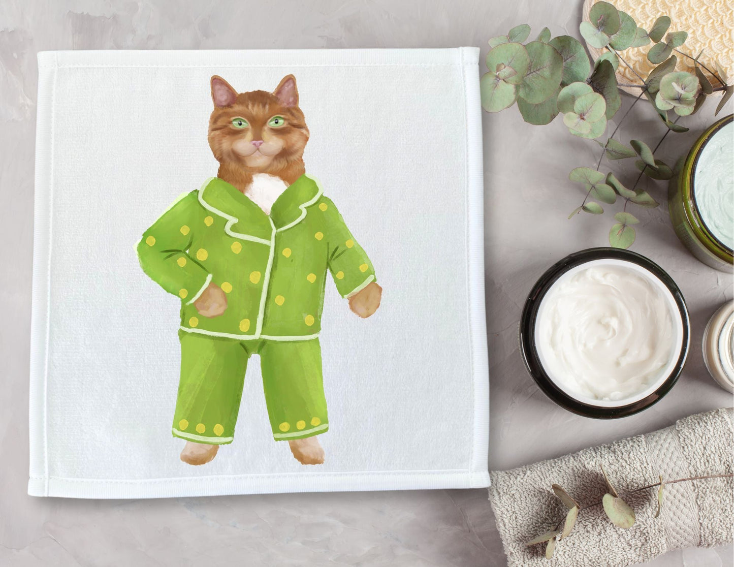 Ginger Cat in Green Polka Dot Pajamas Washcloth - MerikaArt