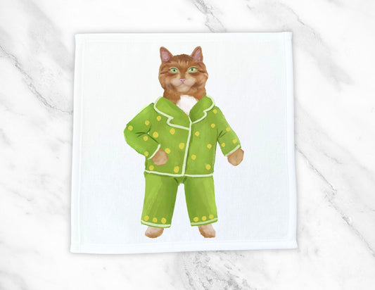 Ginger Cat in Green Polka Dot Pajamas Washcloth - MerikaArt