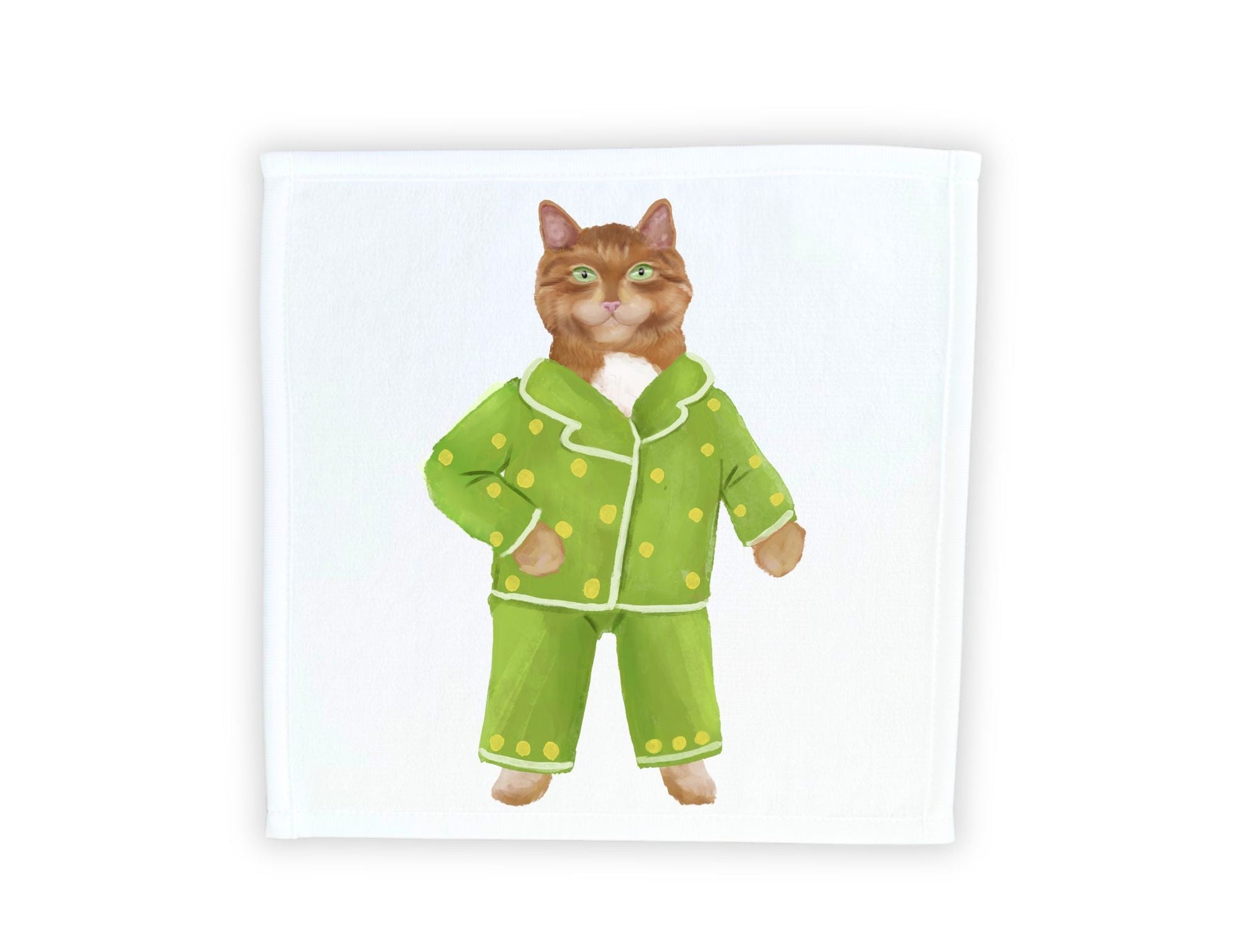 Ginger Cat in Green Polka Dot Pajamas Washcloth - MerikaArt