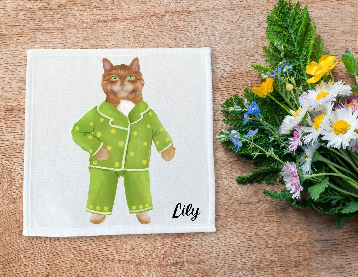 Ginger Cat in Green Polka Dot Pajamas Washcloth - MerikaArt